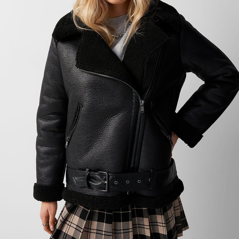 Cute Vegan leather shearling lined black belted Moto jacket